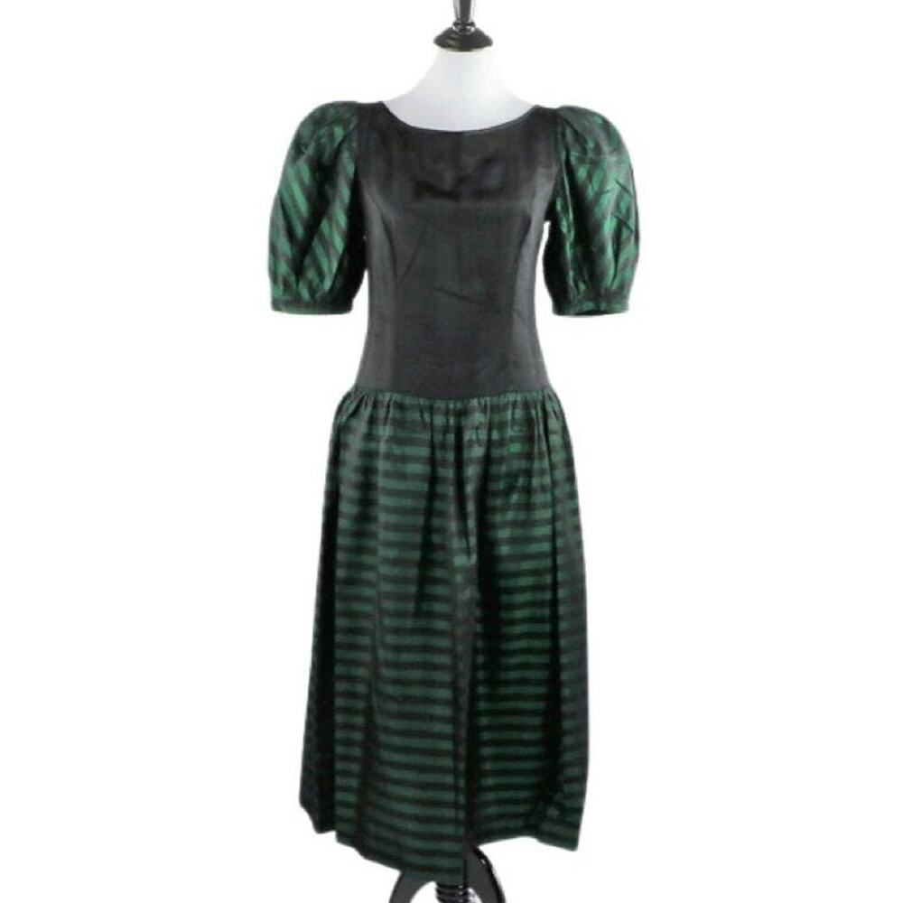 Vintage 1980s Lanz Black and Green Striped Dress Size 10
